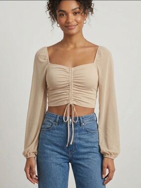 Mezzanine Beige Ruched Mesh Crop Top Long Sleeve Boho Fairycore Minimalist